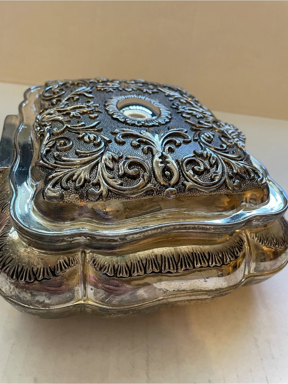 Vintage Godinger Silverplate Victorian Ornate Jewelry Box Red Velvet Lining